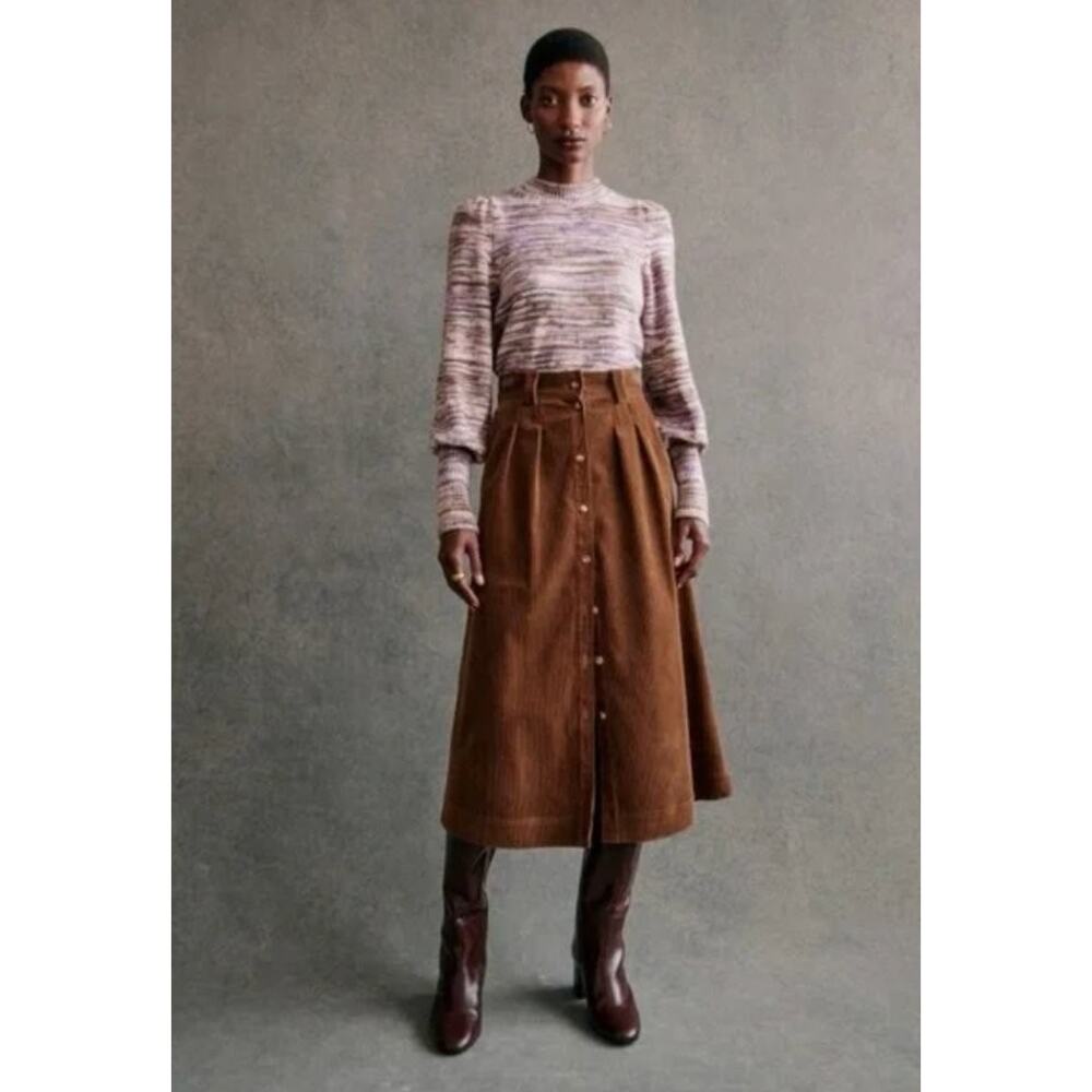Sezane Brown Button-Front Midi Skirt